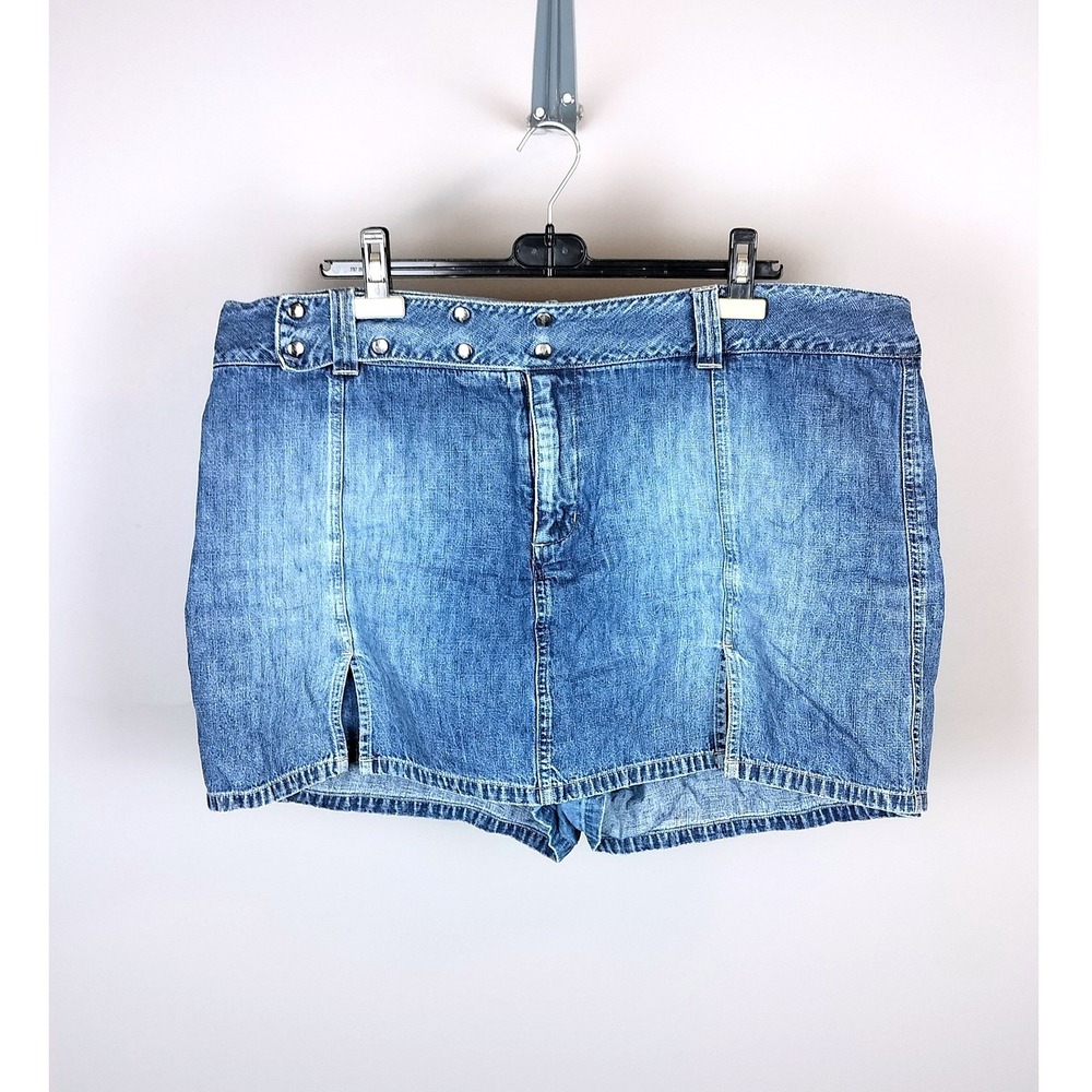 Vintage Nevada Cotton Denim Mini Skort Plus Size 22W Blue Snap Waist Slit Y2K